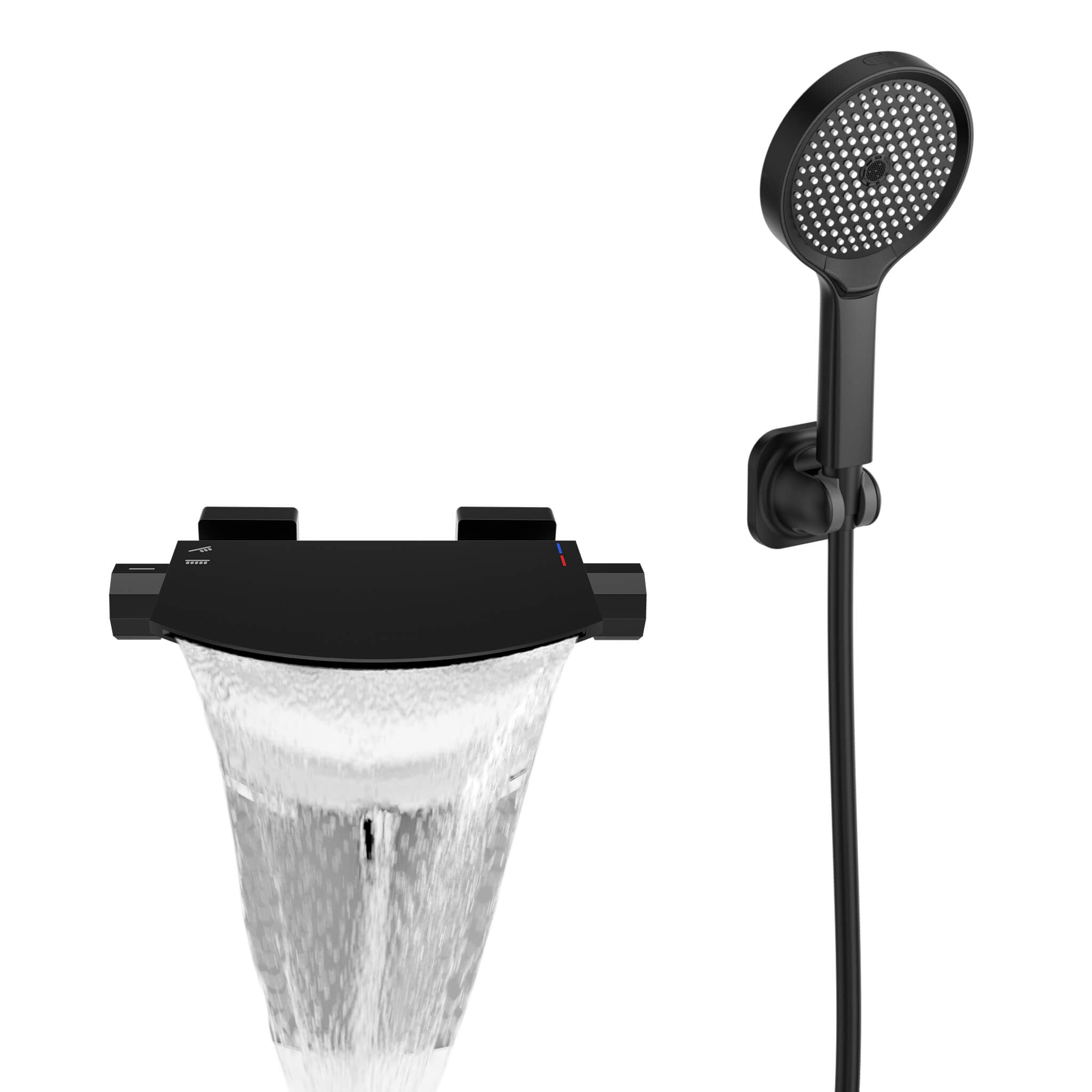 HOMELODY Schwarze Wasserfall-Badewannen-Mischbatterie mit 4-Funktions-Handbrause