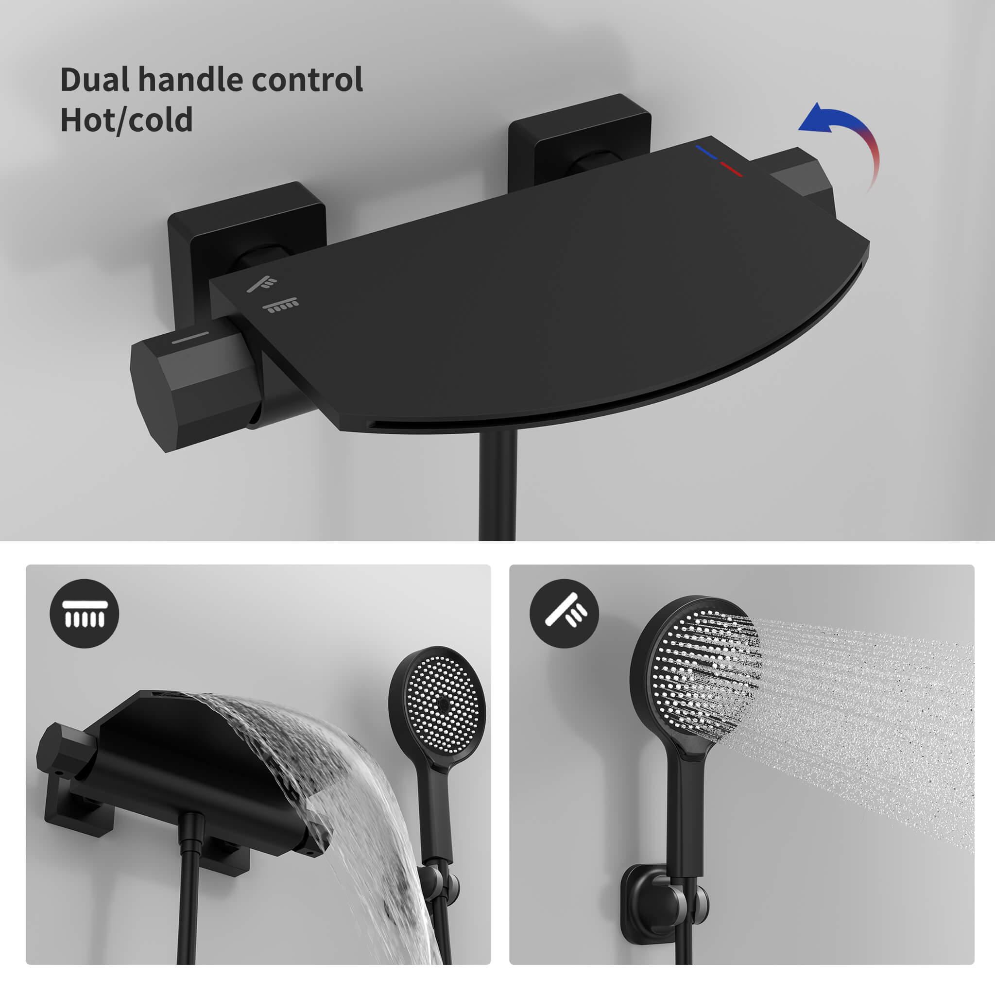 HOMELODY Schwarze Wasserfall-Badewannen-Mischbatterie mit 4-Funktions-Handbrause