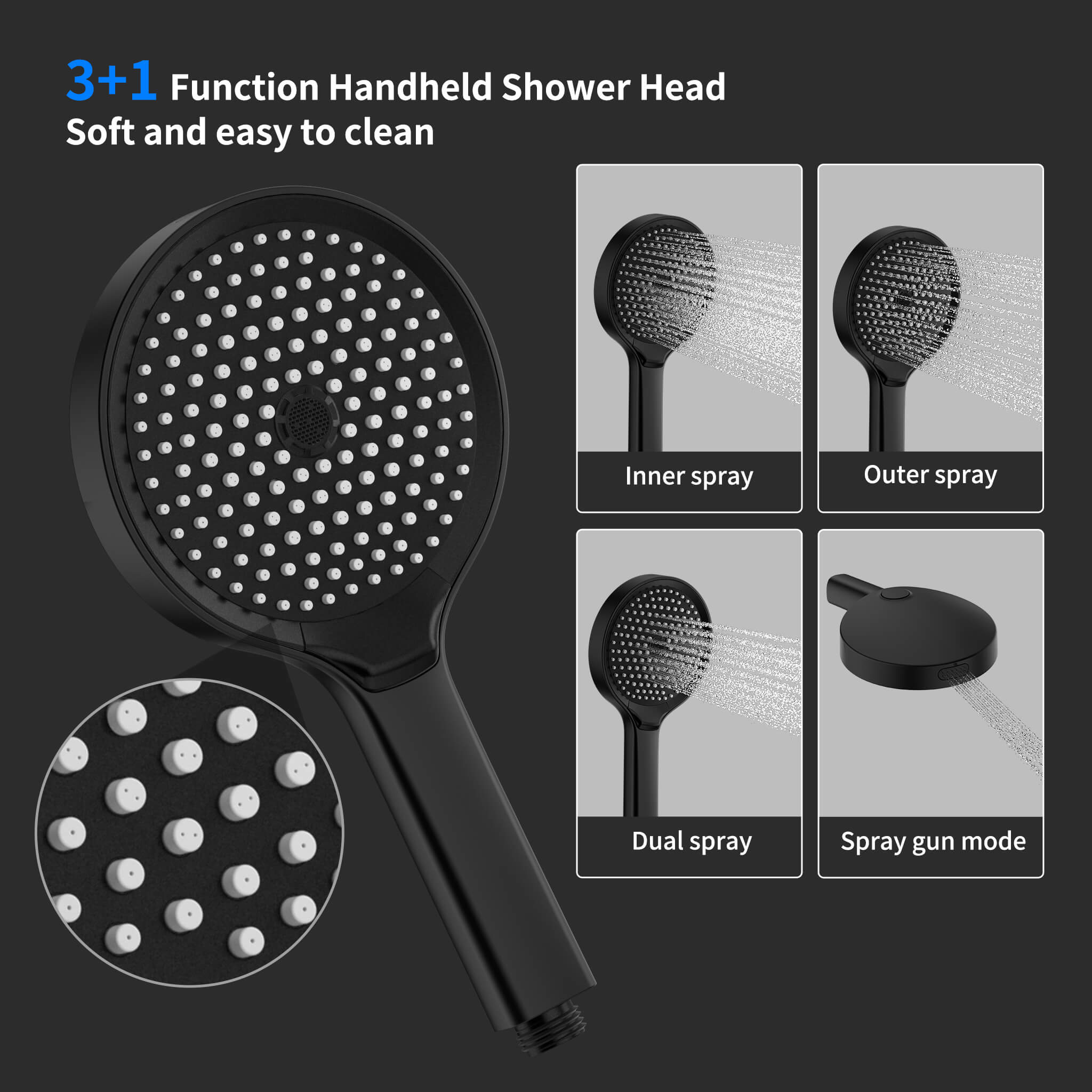 HOMELODY Schwarze Wasserfall-Badewannen-Mischbatterie mit 4-Funktions-Handbrause