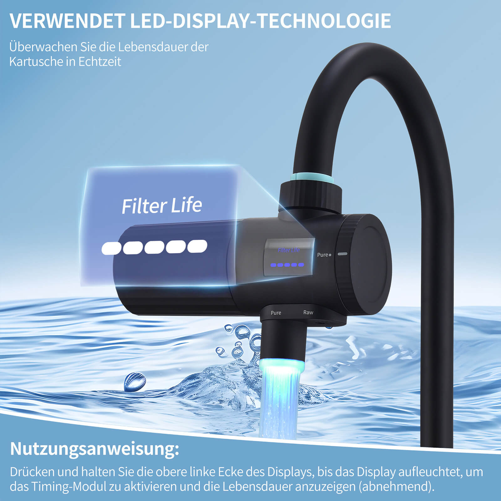 HOMELODY Wasserfilter Wasserhahn 3.0 mit LED-Anzeige, Wasserfilter Trinkwasser für Küche