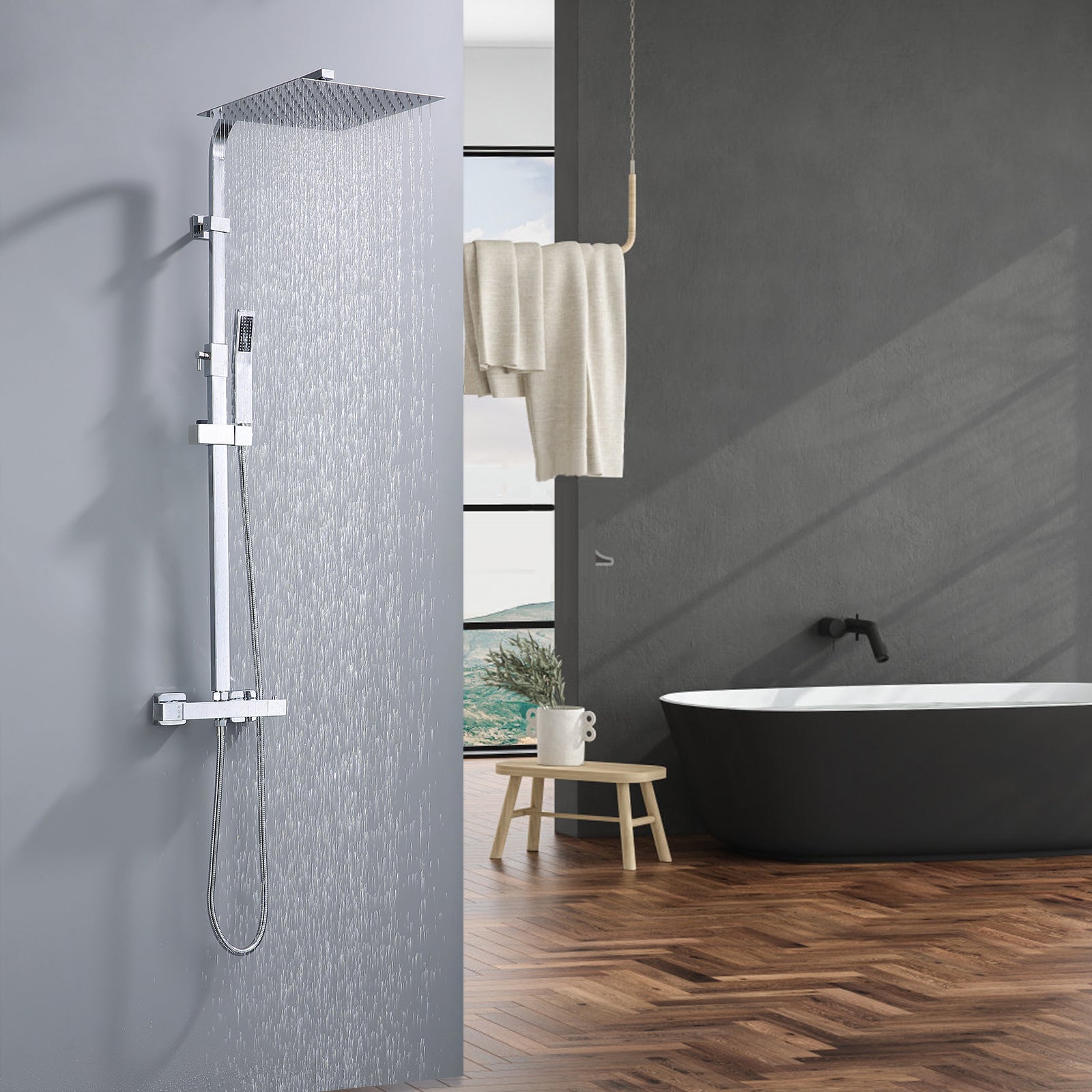 HOMELODY Duschsystem mit Thermostat Regendusche mit Armatur Chrom Eckig Duschset Messing Kopfbrause Edelstahl 30x30CM