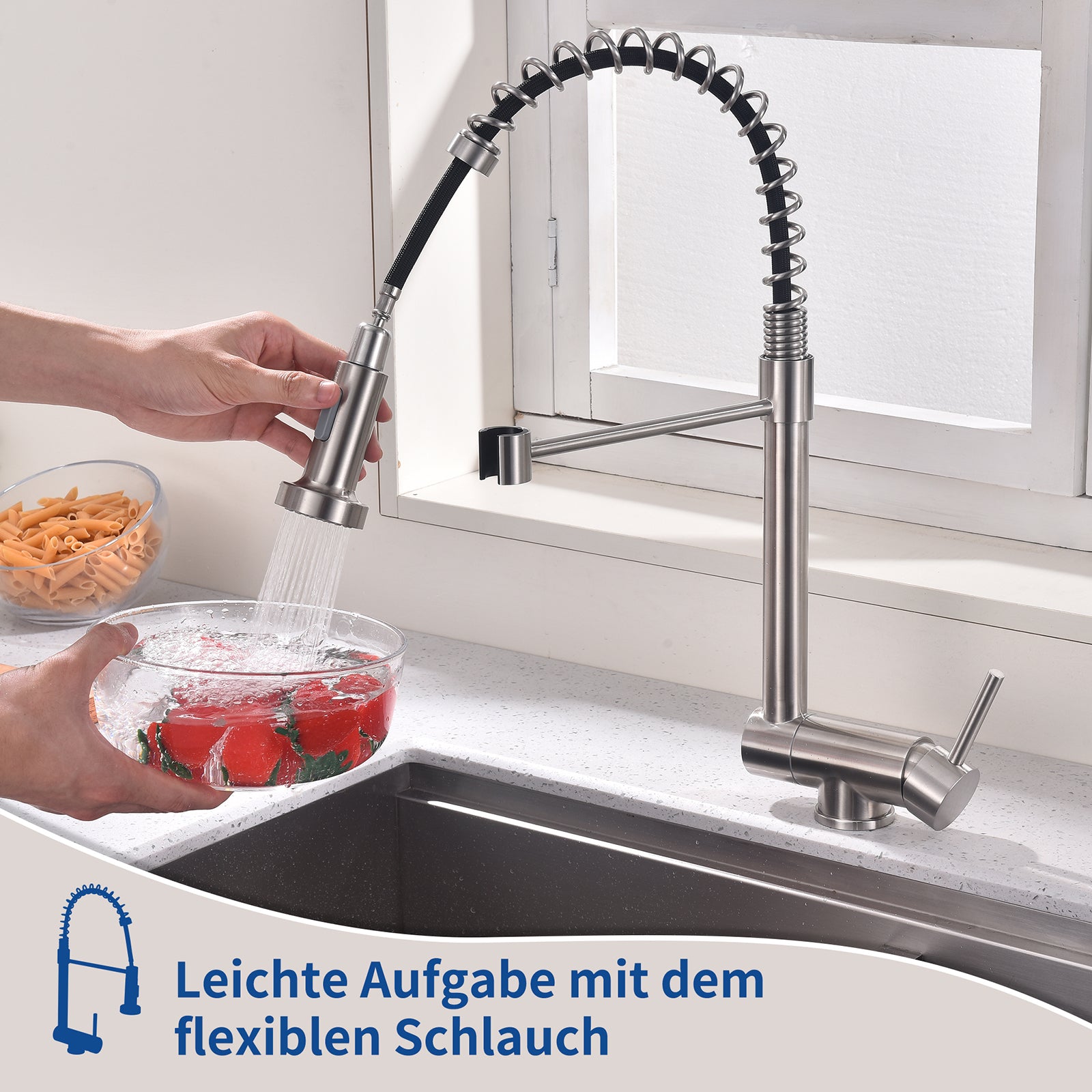 Homelody Küchenarmatur Vorfenster Wasserhahn, 360° Drehbare, Unterfenster Klappbar 180°