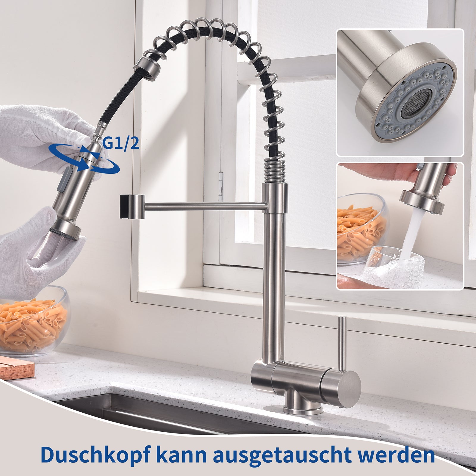 Homelody Küchenarmatur Vorfenster Wasserhahn, 360° Drehbare, Unterfenster Klappbar 180°