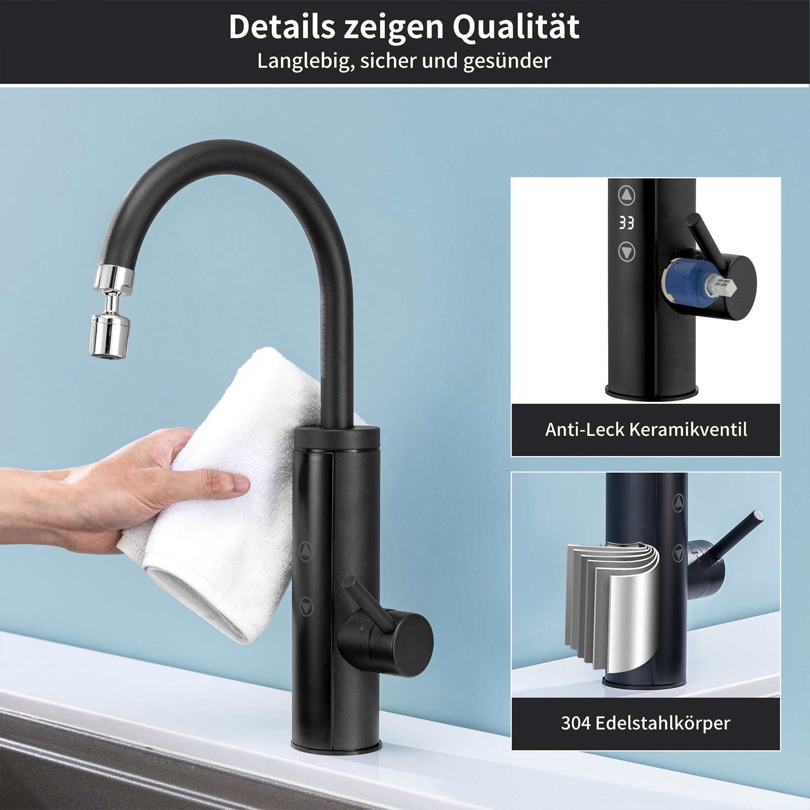 Homelody Küchenarmatur mit Durchlauferhitzer, Wasserhahn 360° drehbar, 3-Stufen Touchregelung