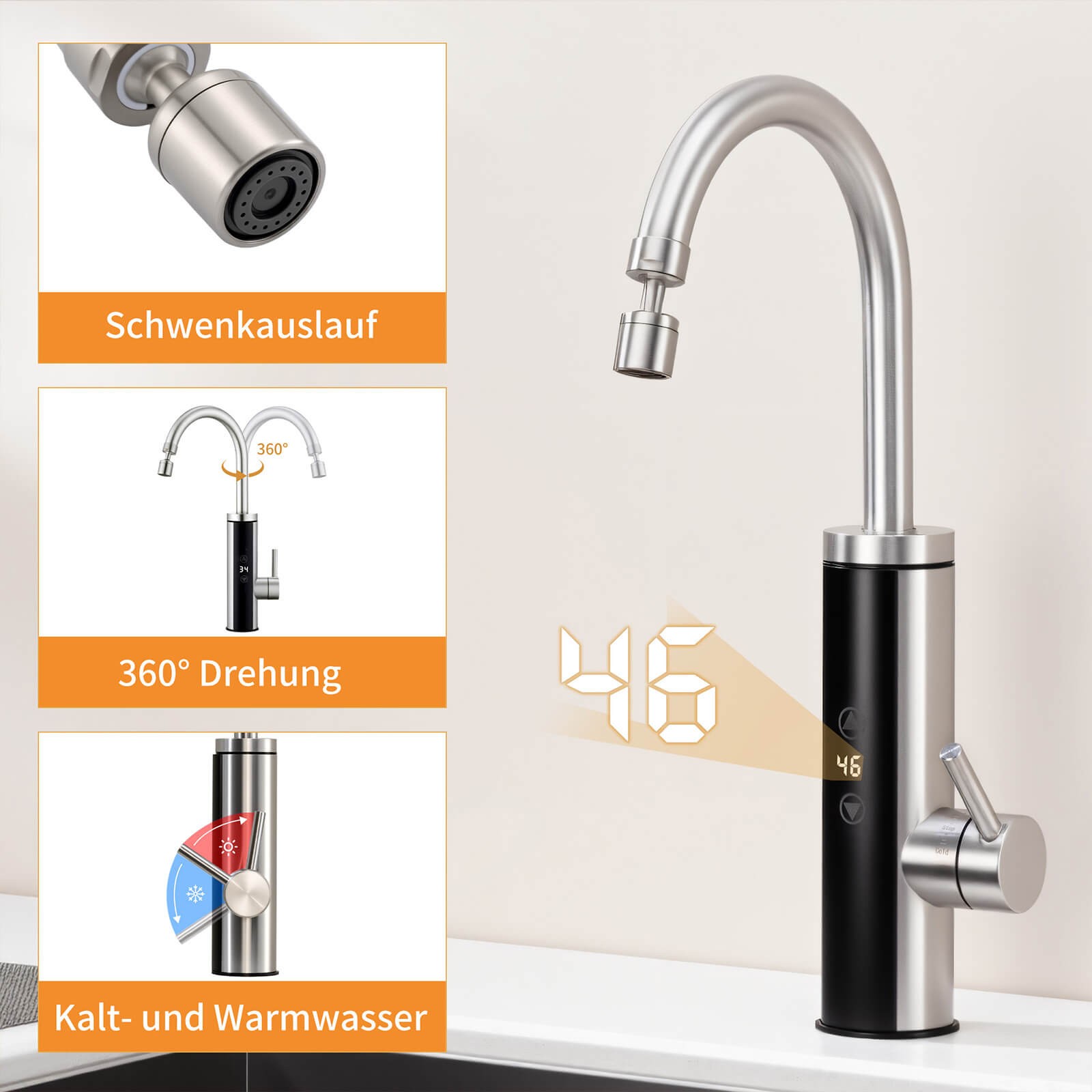 Homelody Küchenarmatur mit Durchlauferhitzer, Wasserhahn 360° drehbar, 3-Stufen Touchregelung