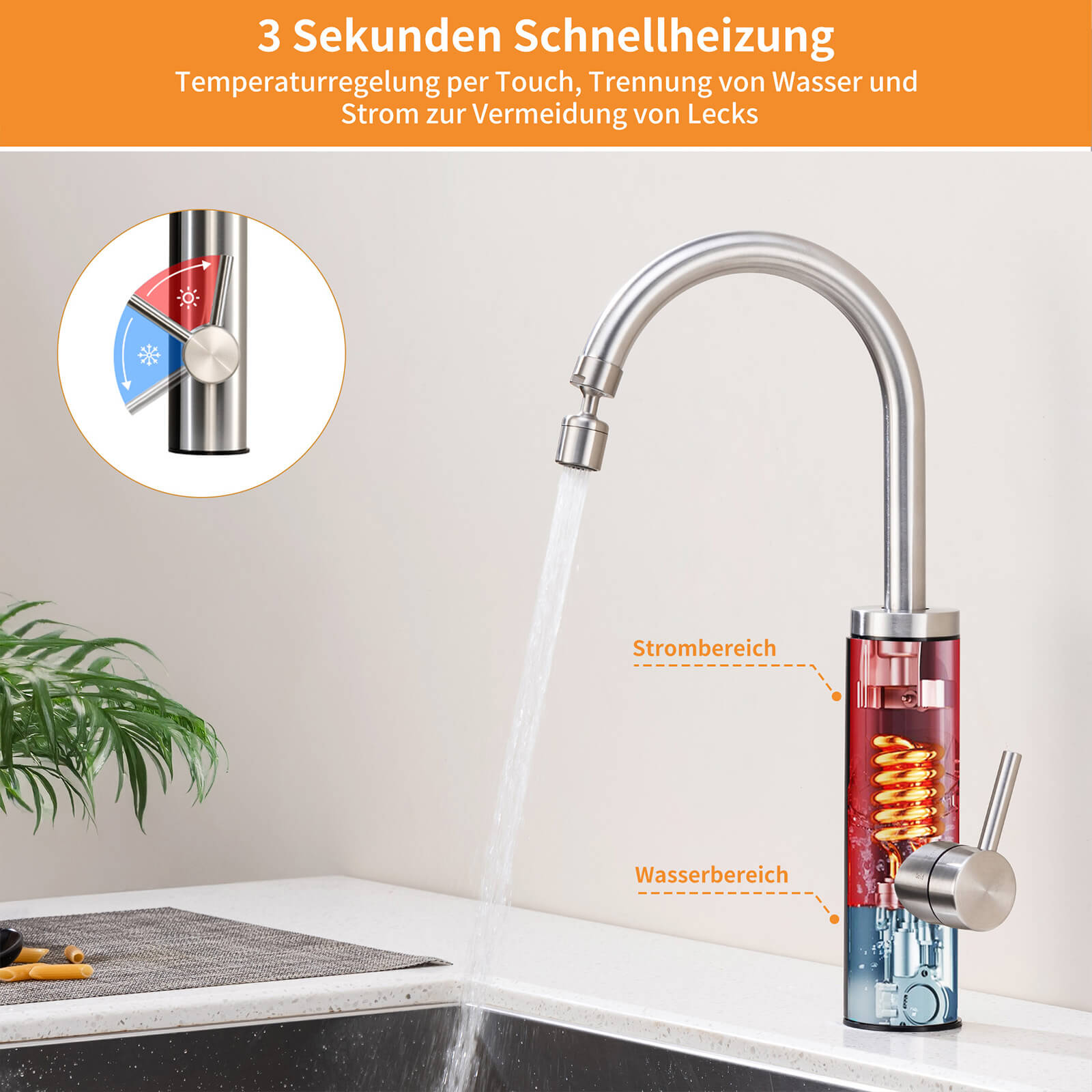 Homelody Küchenarmatur mit Durchlauferhitzer, Wasserhahn 360° drehbar, 3-Stufen Touchregelung