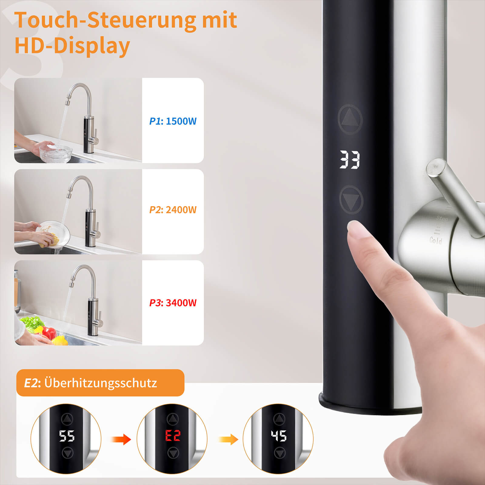 Homelody Küchenarmatur mit Durchlauferhitzer, Wasserhahn 360° drehbar, 3-Stufen Touchregelung
