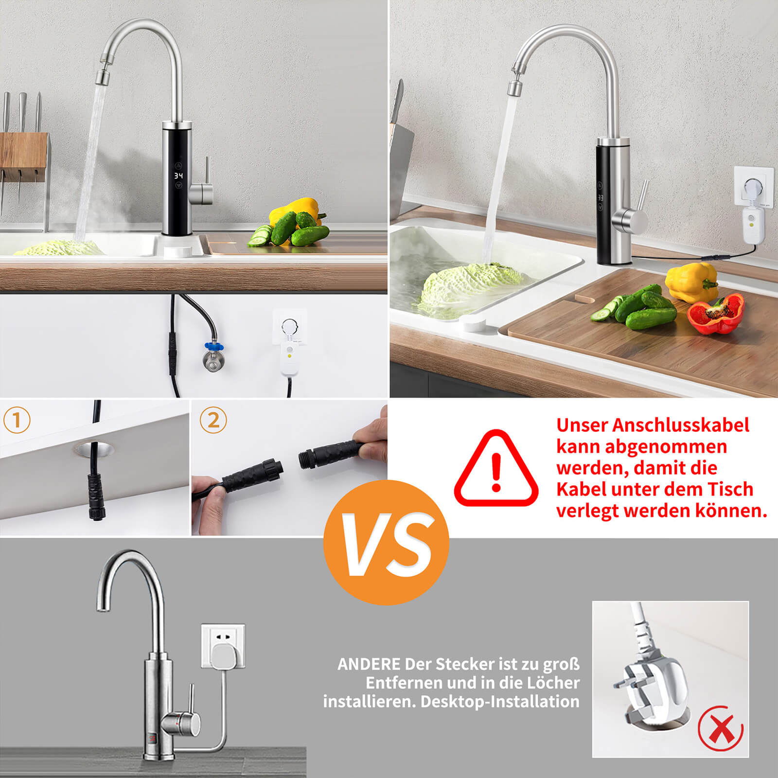 Homelody Küchenarmatur mit Durchlauferhitzer, Wasserhahn 360° drehbar, 3-Stufen Touchregelung