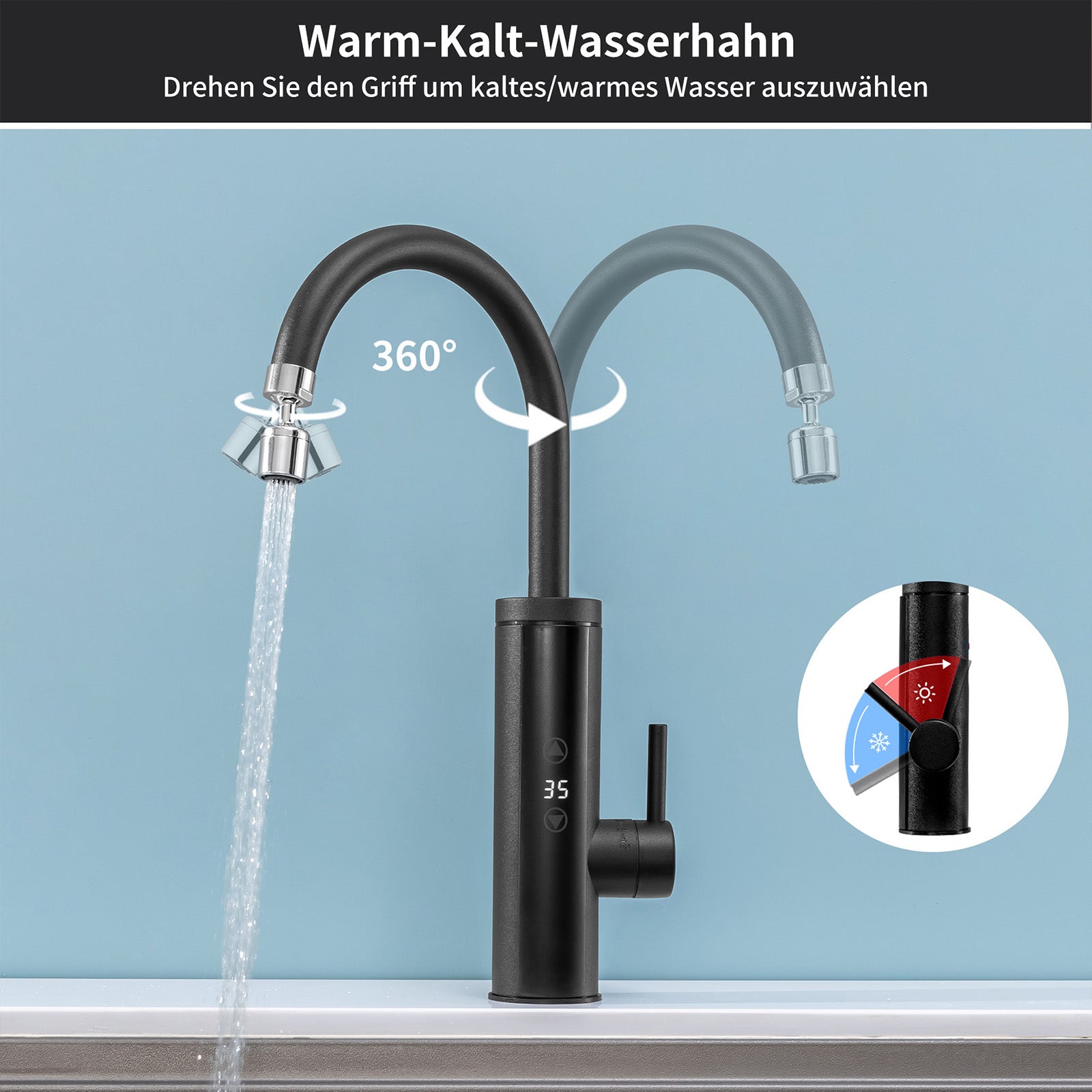 Homelody Küchenarmatur mit Durchlauferhitzer, Wasserhahn 360° drehbar, 3-Stufen Touchregelung