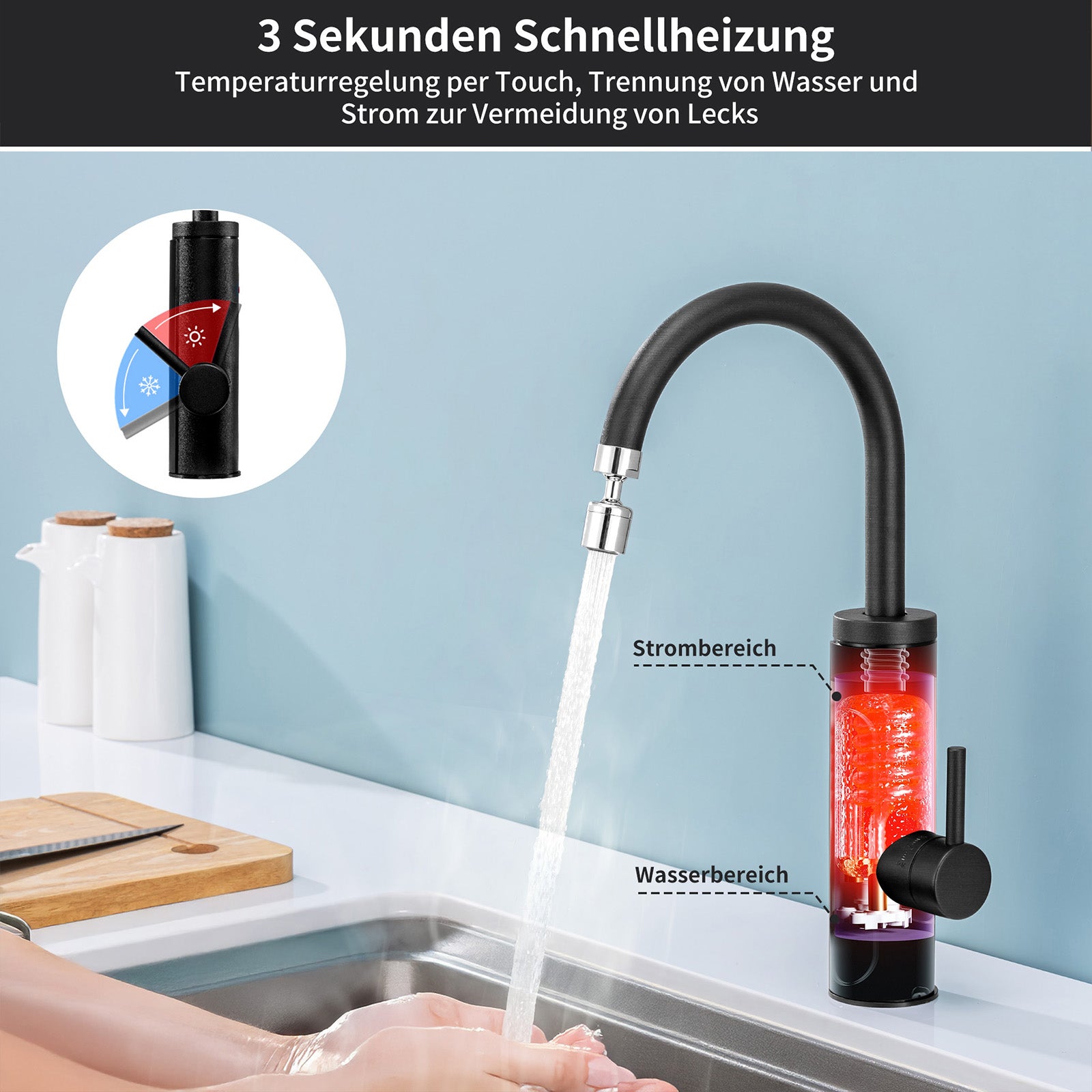 Homelody Küchenarmatur mit Durchlauferhitzer, Wasserhahn 360° drehbar, 3-Stufen Touchregelung