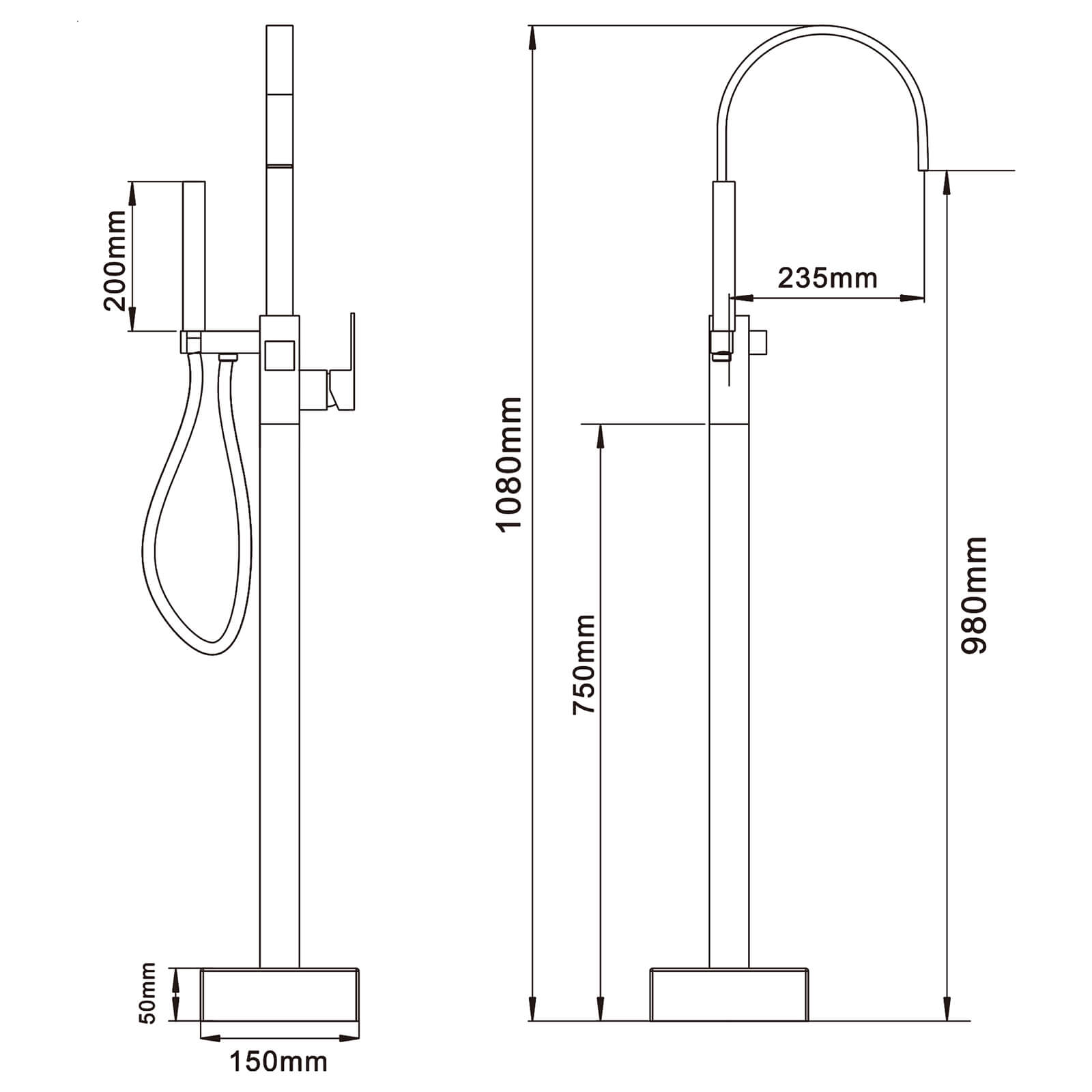 Freistehende Badewannenarmatur Matt Schwarz – Mit Wasserfall-Auslauf & Handbrause, 150 Cm Schlauch, Messing