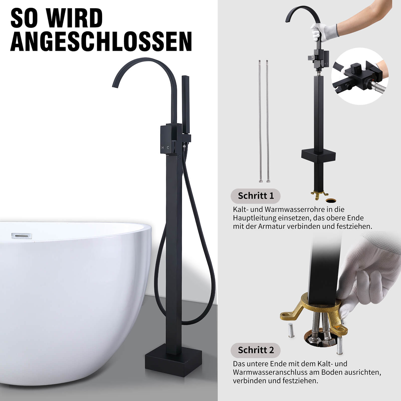 Homelody Wannenarmatur Schwarz freistehende Wannenarmatur Messing mit Handbrause & Wasserfall
