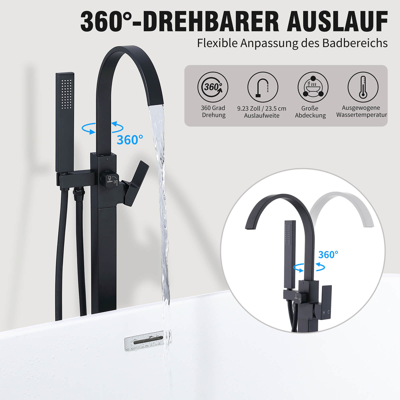 Homelody Wannenarmatur Schwarz freistehende Wannenarmatur Messing mit Handbrause & Wasserfall