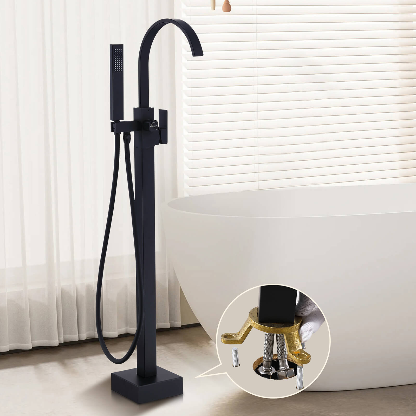 Homelody Wannenarmatur Schwarz freistehende Wannenarmatur Messing mit Handbrause & Wasserfall
