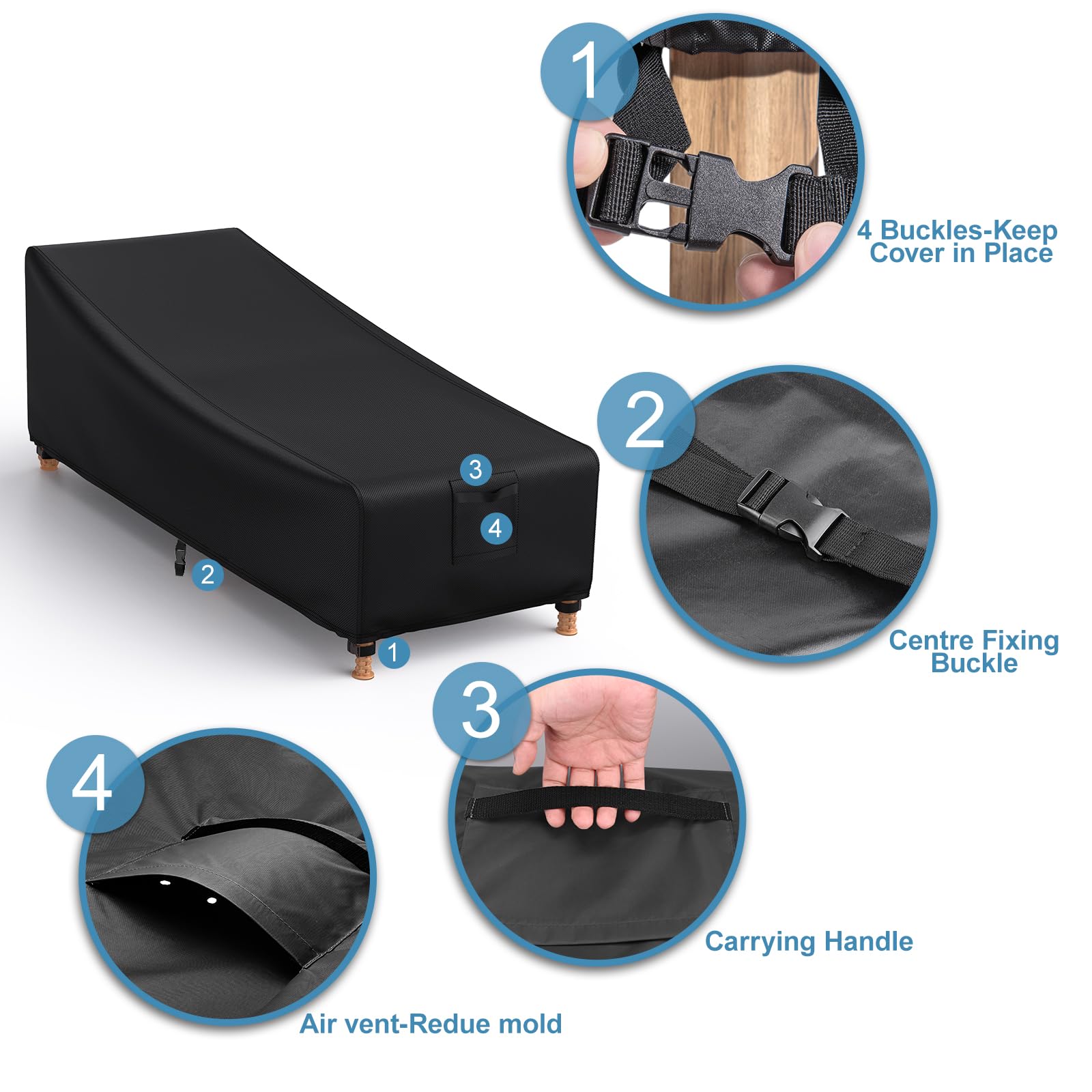 Gartenliege Abdeckung mit Air Vent, Schnalle Riemen, 200x75x40/70cm Anti-UV, Wasserdicht Winddicht, Liegenabdeckung 600D Heavy Duty Oxford, Reißfest