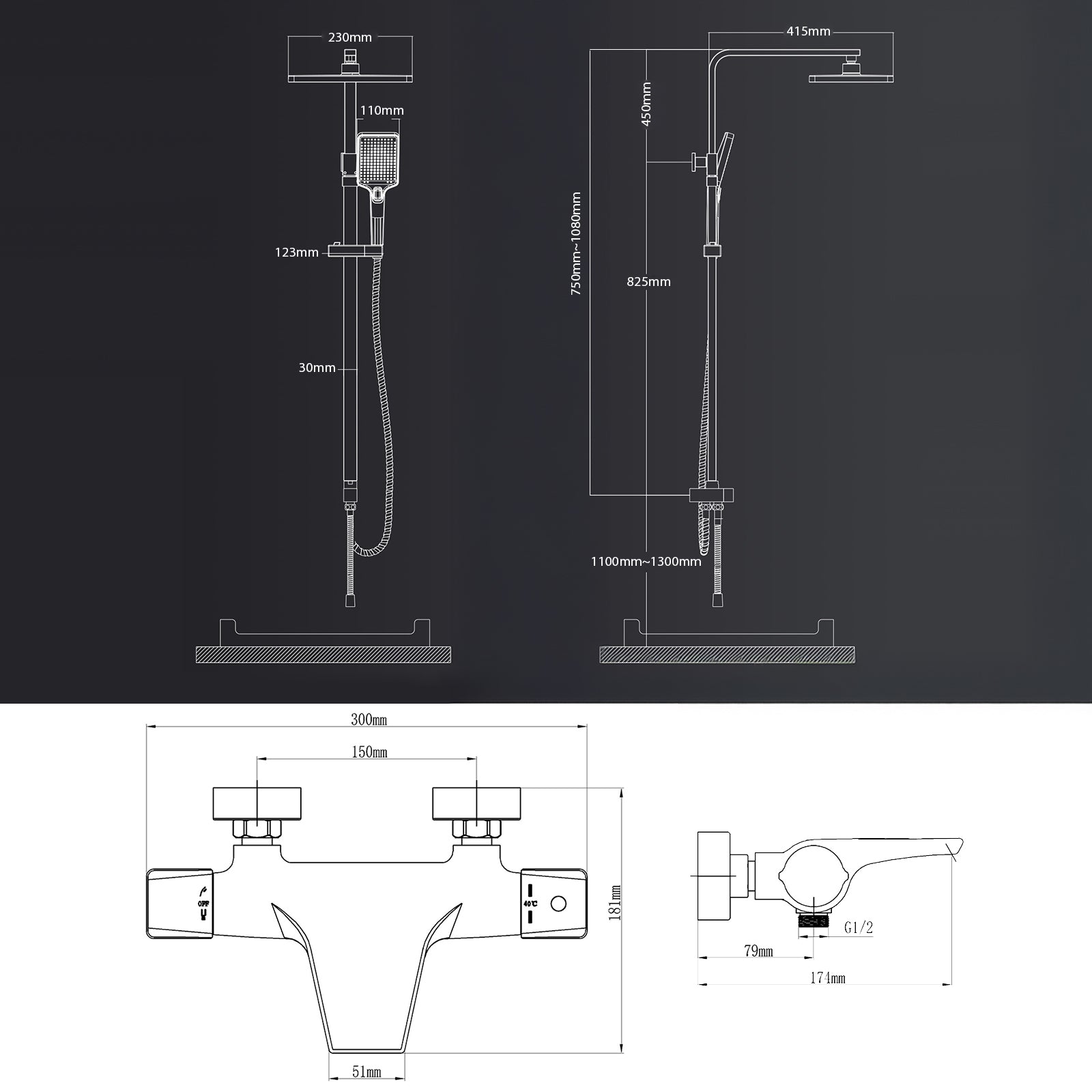 Homelody Duschsystem Schwarz Regendusche Duschset ohne Armatur mit Überkopfbrause Handbrause Duschsäule Duschsystem mit Umsteller eckig Duschsäule für Badezimmer, schwarz