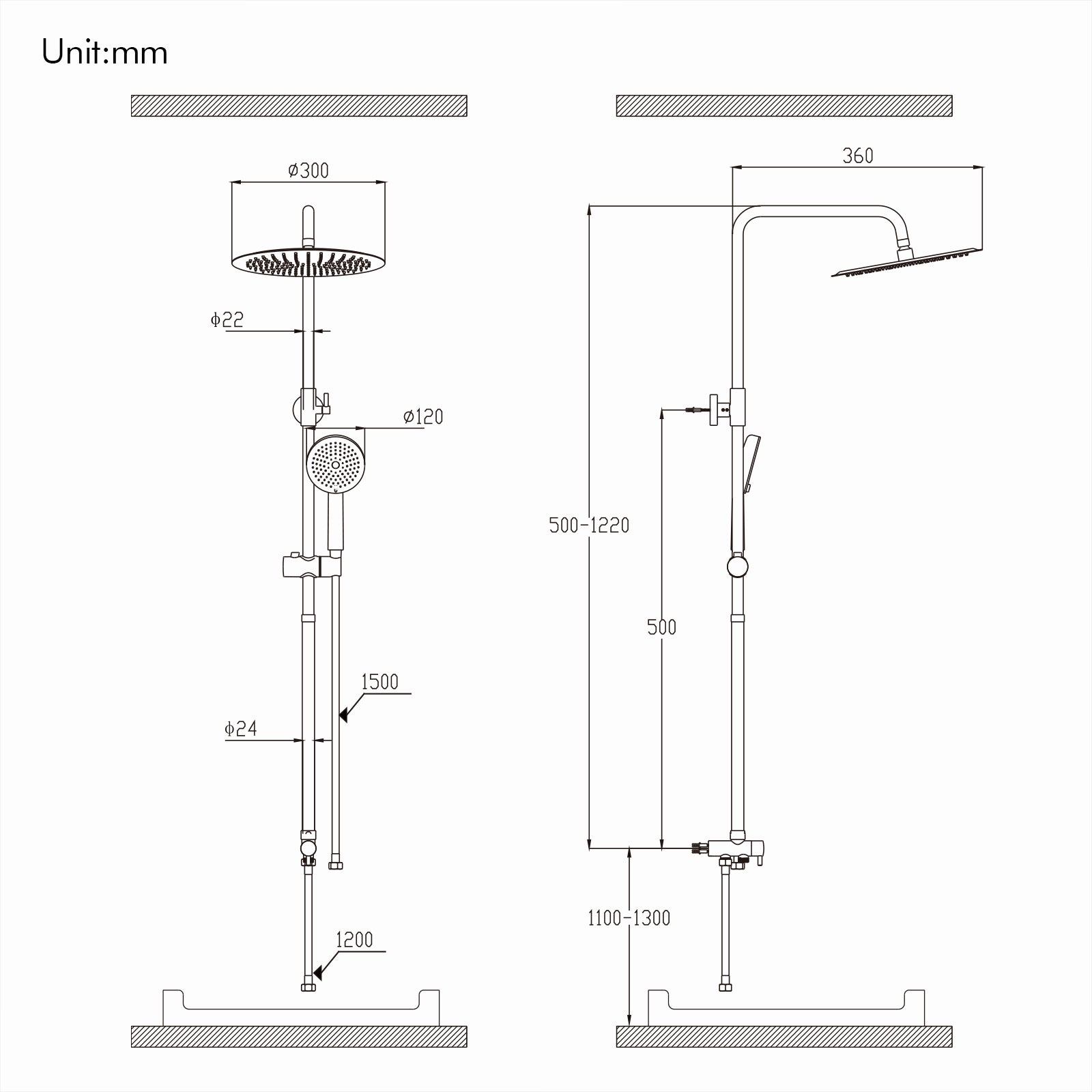 Homelody Duschsystem 12'' Regendusche, Höhenverstellbar, 2-Wege Umschalter, Edelstahl