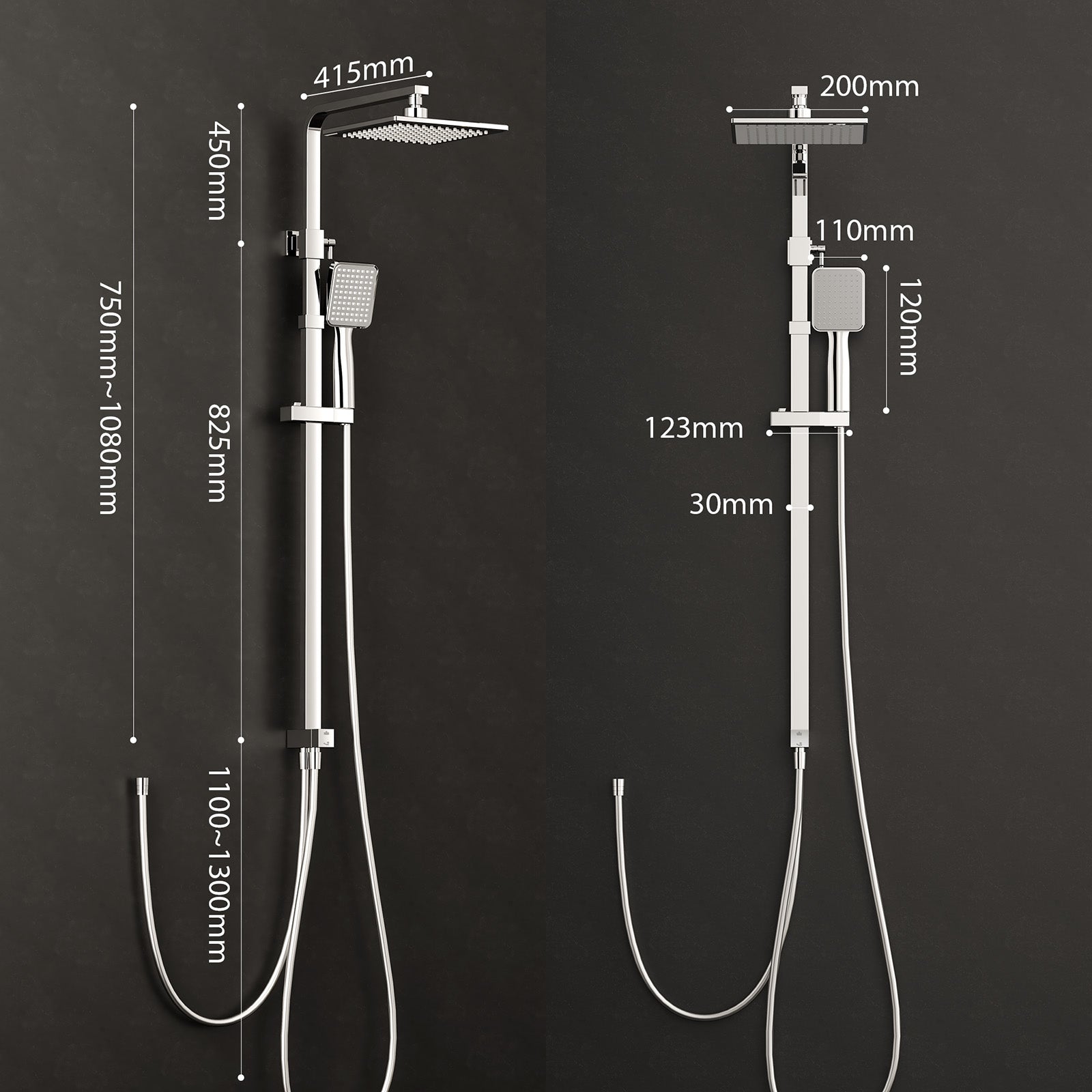 HOMELODY Regendusche Ohne Armatur Duschsystem Duschset Ohne Duscharmatur Chrom Duschgarnitur Verstellbarer Duschstange Duschsäule mit Kopfbrause 20x20cm eckig
