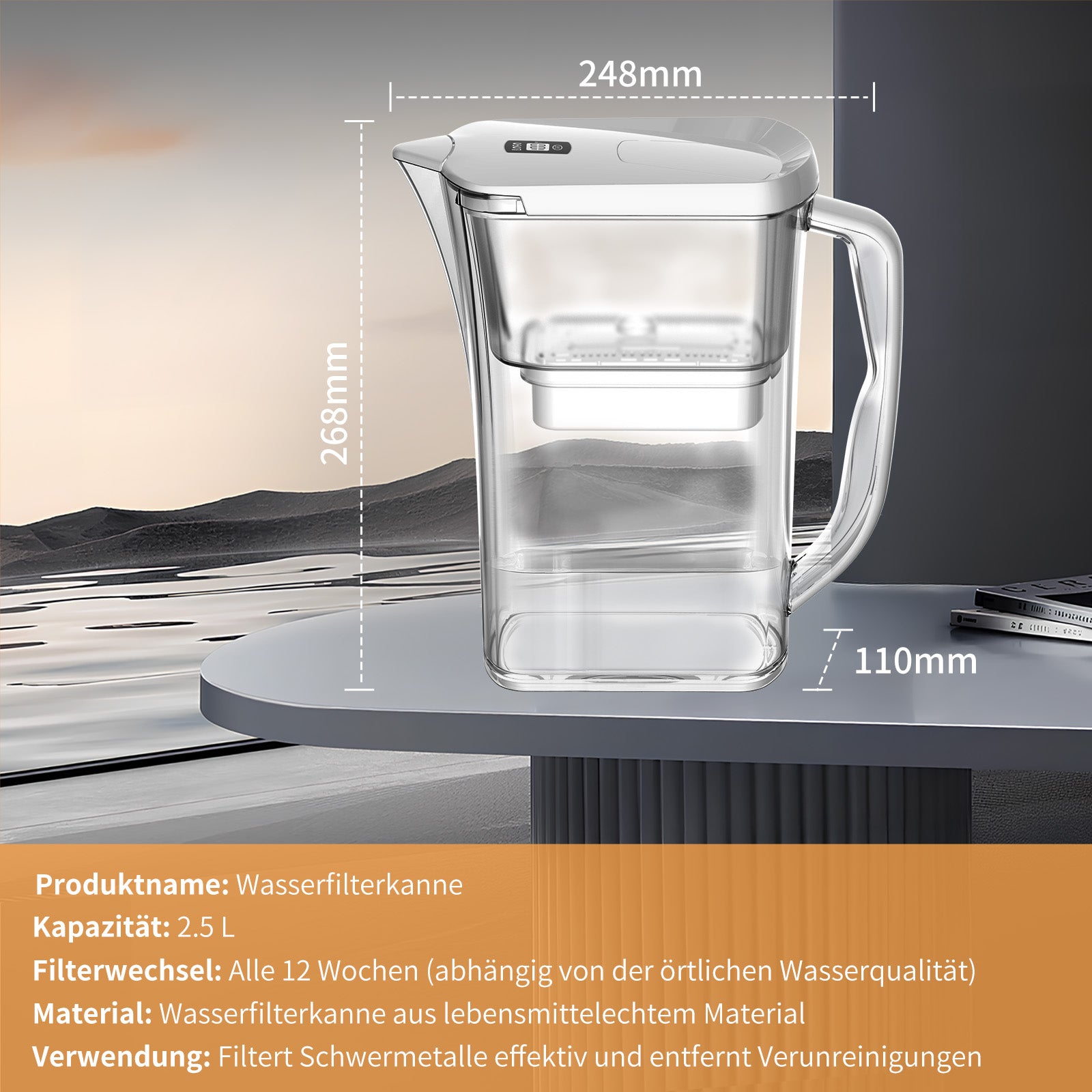 Homelody Wasserfilter Wasserfilterkanne 2,5 L mit LED-Countdown-Anzeige