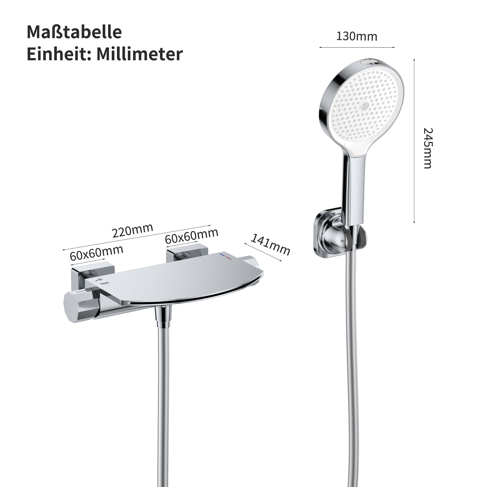 HOMELODY Wasserfall-Badewannen-Mischbatterie mit 4-Funktions-Handbrause