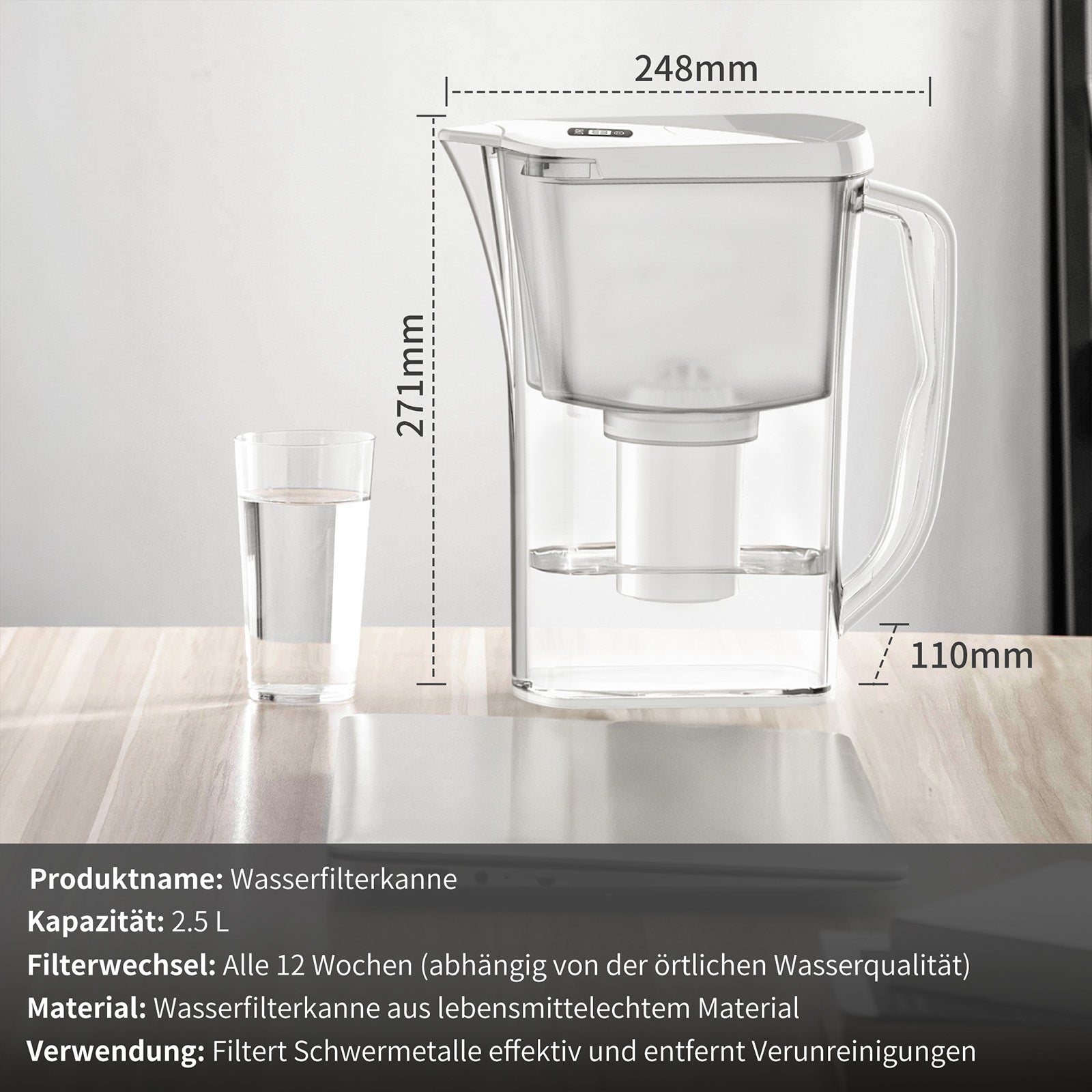Homelody Wasserfilter Wasserfilterkanne 2,5 L aus lebensmittelechtem Material