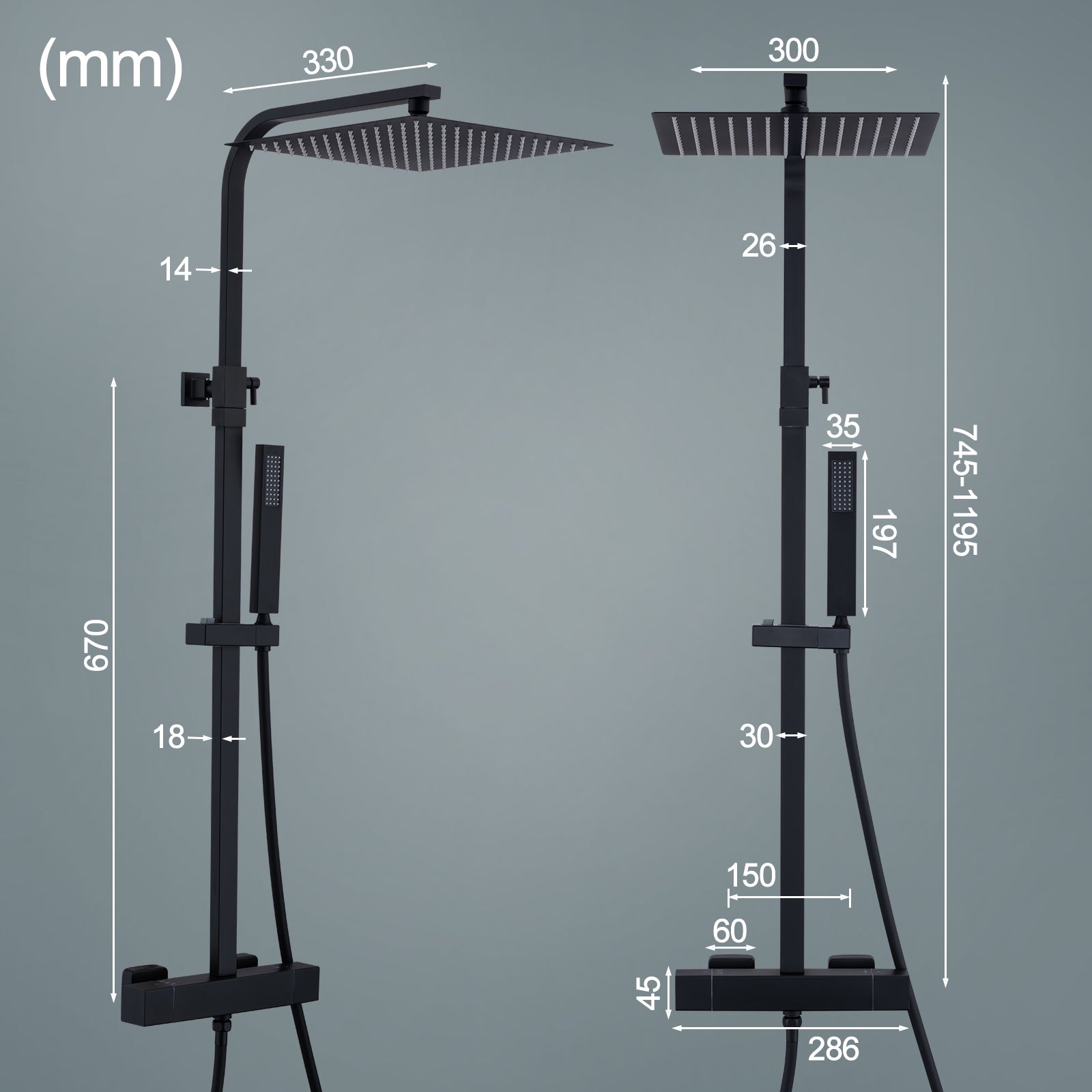 HOMELODY Duschsystem mit Thermostat Schwarz Regendusche mit Armatur Duschset Eckig Messing Kopfbrause Edelstahl 30x30CM