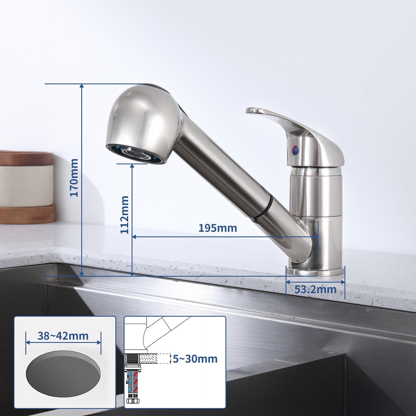 Homelody 120° drehbar Armatur Küche Wasserhahn mit 2 Strahlarten ausziehbare Brause Gebürsteter Chrom Spültischarmatur