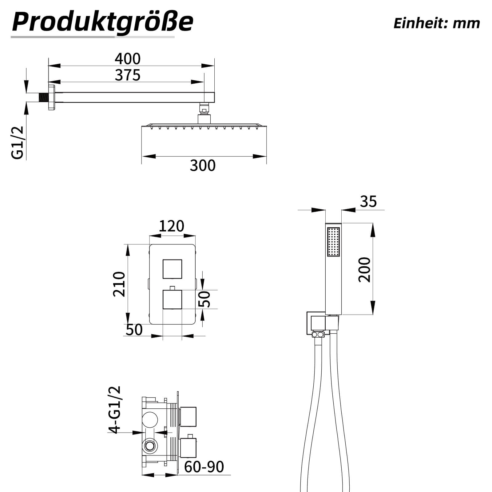 Homelody Unterputz-Duschsystem Thermostat Messing Dusche quadratisch Duschzubehör Duschset