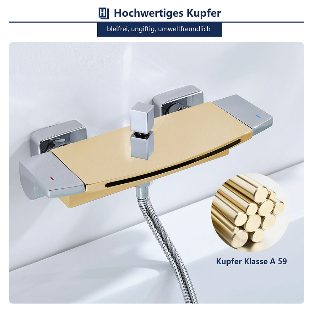 Homelody Moderne Wandhalterung Brausearmatur mit Regal Messing Wannenarmatur Wasserfall mit Handbrause Badewanne Armatur Duschbatterie für Bad