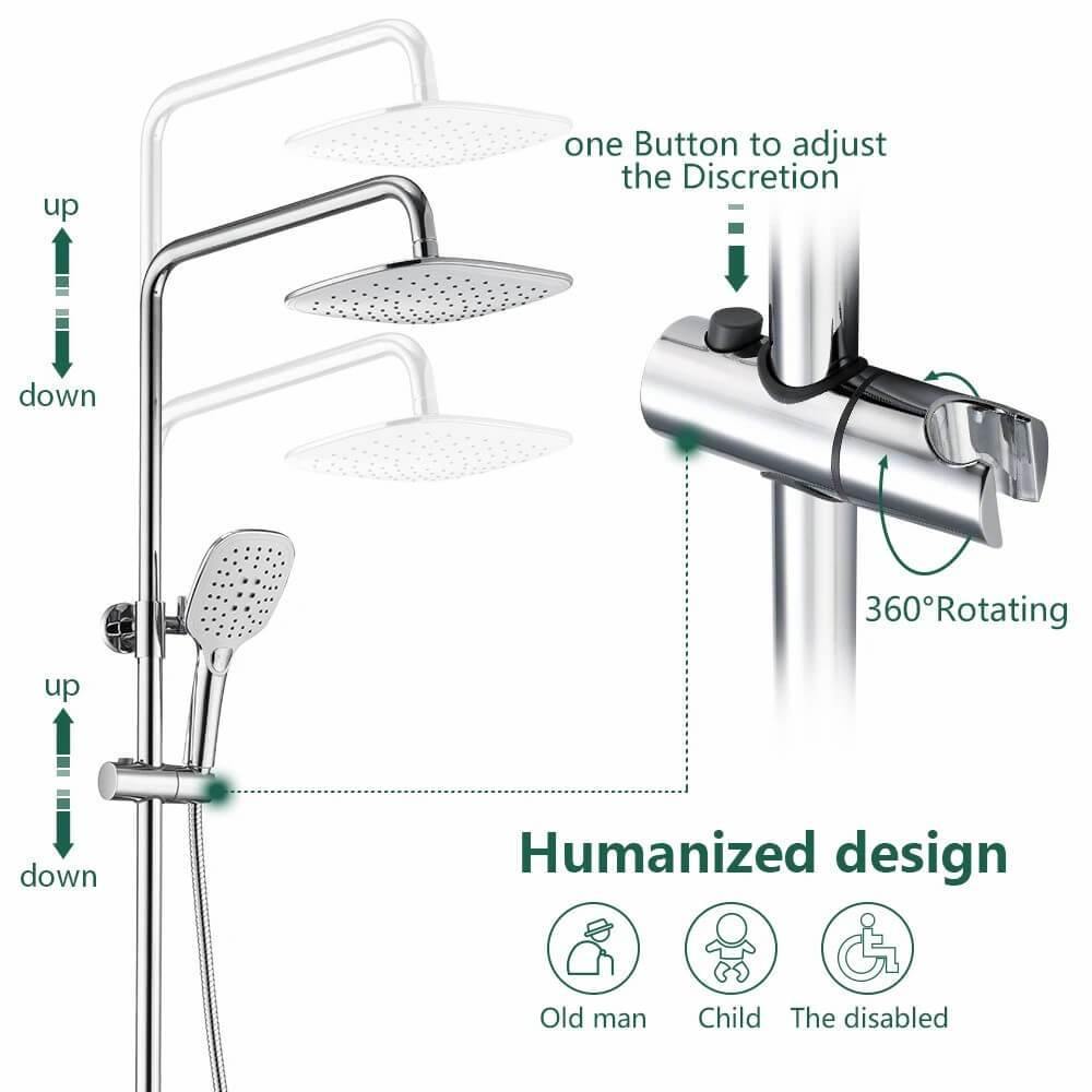 3-Jets Handbrause Thermostatische Duscharmatur mit Ablageschale Höhenverstellbares Duschset - homelody-de