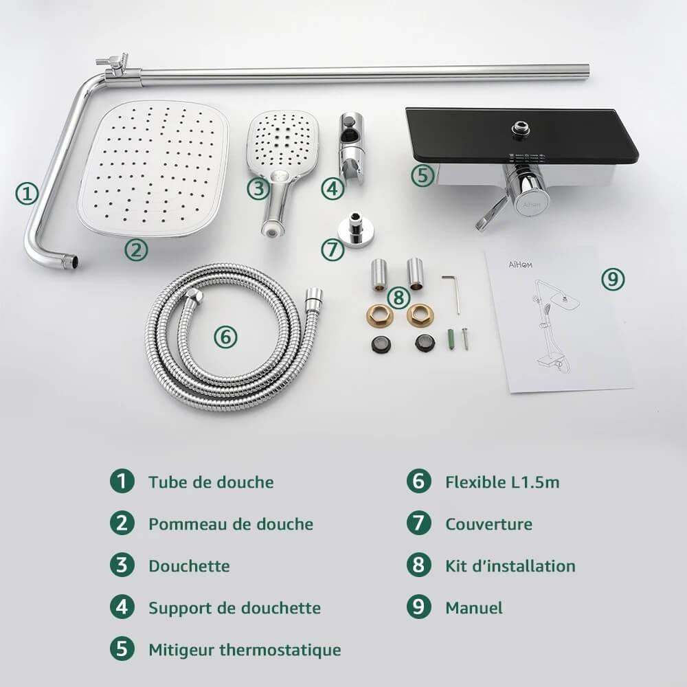 3-Jets Handbrause Thermostatische Duscharmatur mit Ablageschale Höhenverstellbares Duschset - homelody-de