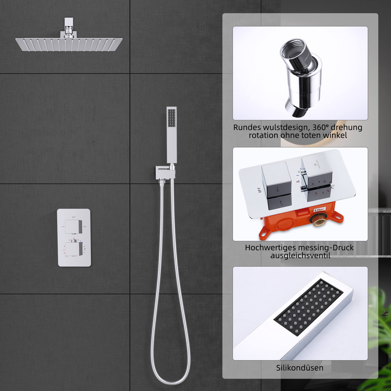 Homelody Unterputz-Duschsystem Thermostat Messing Dusche quadratisch Duschzubehör Duschset