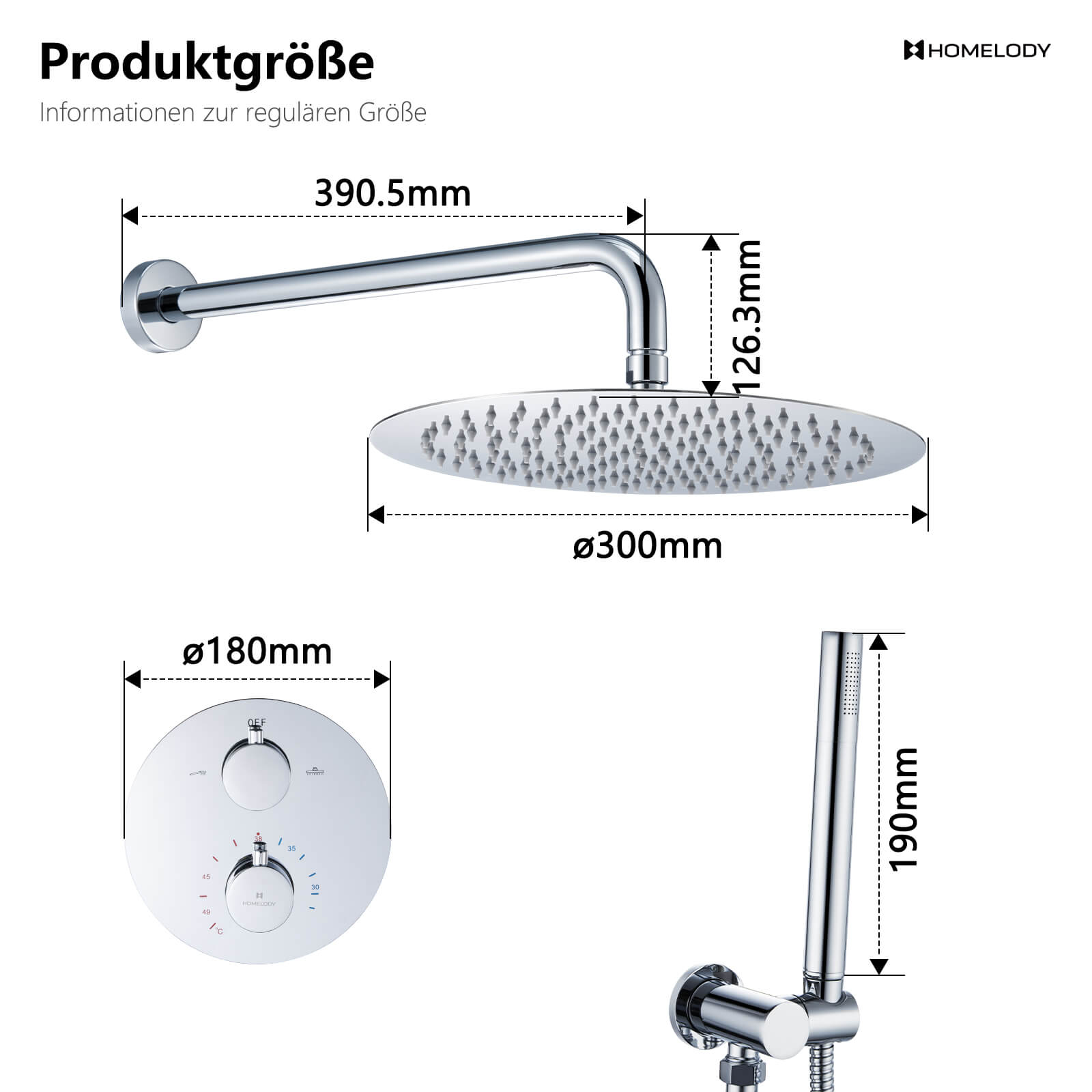 Homelody 38℃ Thermostat Rund Unterputz-Duschsystem , Dusche, Duschzubehör, mattschwarzes Duschset